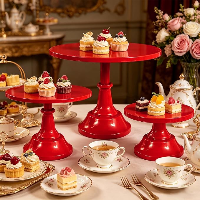 3 Pcs Cake Stand Set Metal Round Cake Holder Cupcake Stands 8/10/12 inch Red Dessert Display Stands Dessert Table Decorations for Birthday Parties, Baby Shower,Wedding Banquets and Anniversary