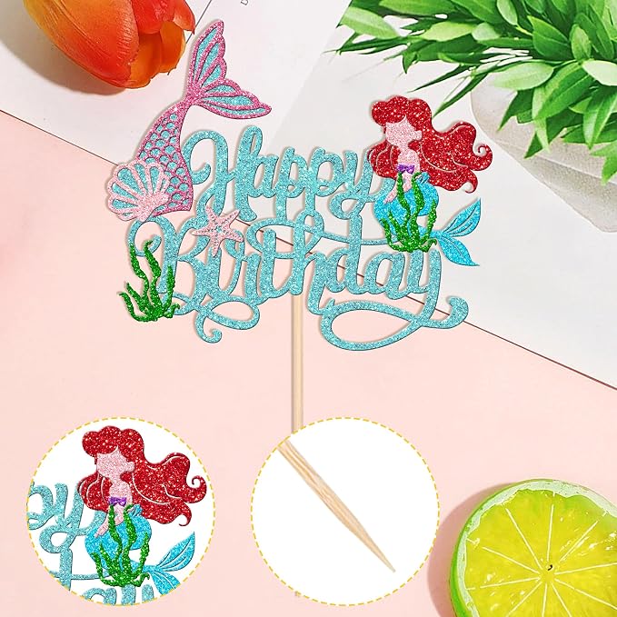 1 PCS Happy Birthday Cake Topper - Starfish, Seawood, Seashells, Mermaid Tail for Under the Sea Mermaid Theme Party Decorations, Blue