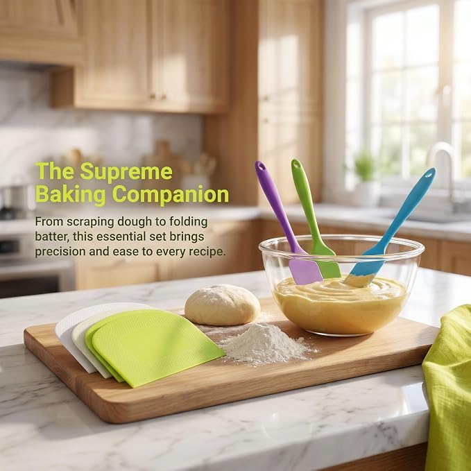 3 Pcs Silicone Jar Spatula Set + 4 Pcs Plastic Dough Bench Scraper, Heat Resistant Cream Butter Spreader, Flexible Bowl Scraper, Non-Slip Kitchen Baking Tools for Cake, Bread, Pastry Mixing