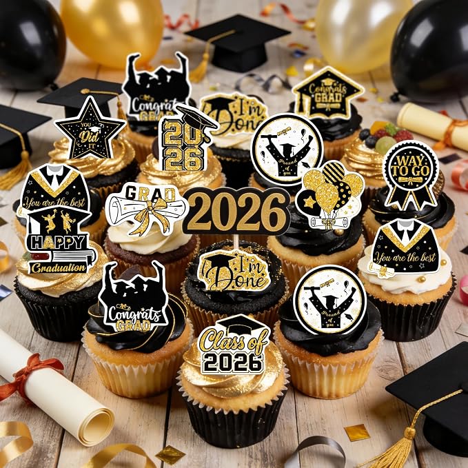 48pcs Edible 2026 Graduation Cupcake Toppers Wafer Paper Gold Class of 2026 Cake Decorations Edible Congrats Grad Cupcake Picks for 2026 Graduation Theme Party Cake Supplies