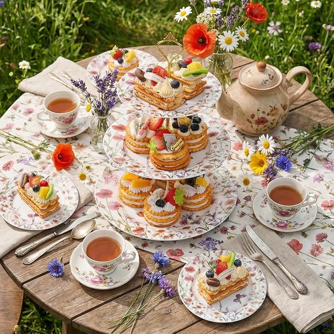Lallisa Wildflower Party 3 Tier Dessert Stand 10,9 and 7 Ceramic Wildflower Baby Shower Tea Party Tiered Tray Cupcake Stand Display Holder Tower for Wedding Bridal Shower Decoration