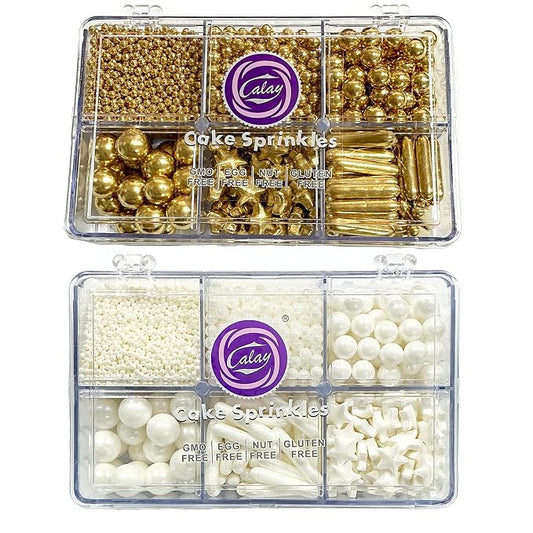 Homipooty Gold and White Sugar Sprinkles 260g/9.16oz Edible Gold and White Pearl Star Sugar Sprinkles for Cake Decorating Wedding，Cookies，Ice Cream, Cupcake Toppers, Christmas Supplies