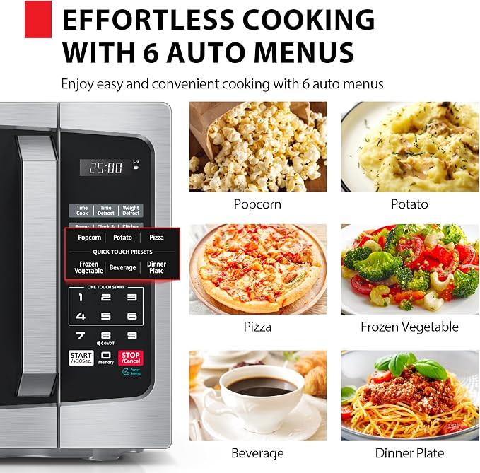 TOSHIBA ML-EM09PA(SS) Small Microwave Oven with 6 Auto Menus, Mute Function, LED Lighting, Countertop Microwave Perfect for Apartments, 0.9 Cu Ft, 10.6 Inch Removable Turntable, 900W, Stainless Steel