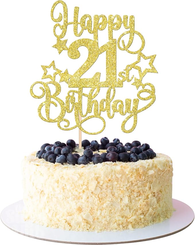 1 PCS Happy 21st Birthday Cake Topper Glitter Cheers to 21 Years Birthday Cake Pick Hello 21 Fabulous Cake Decoration for Happy 21st Birthday Anniversary Party Decorations Supplies Gold