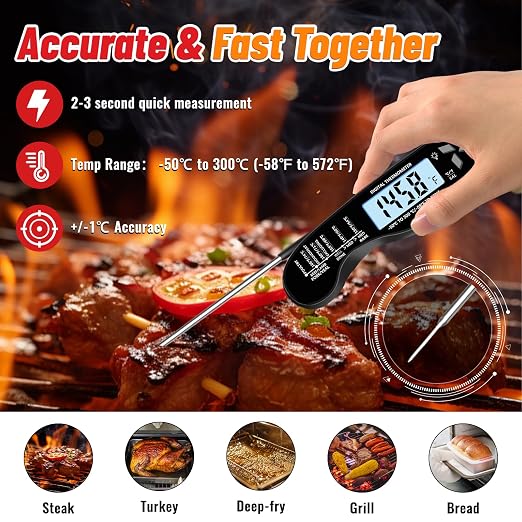 Meat Thermometer, IP67 Waterproof Digital Meat Thermometer with Backlight, Hold Function & Magnet for Grill, BBQ, Candy, Beef,Turkey
