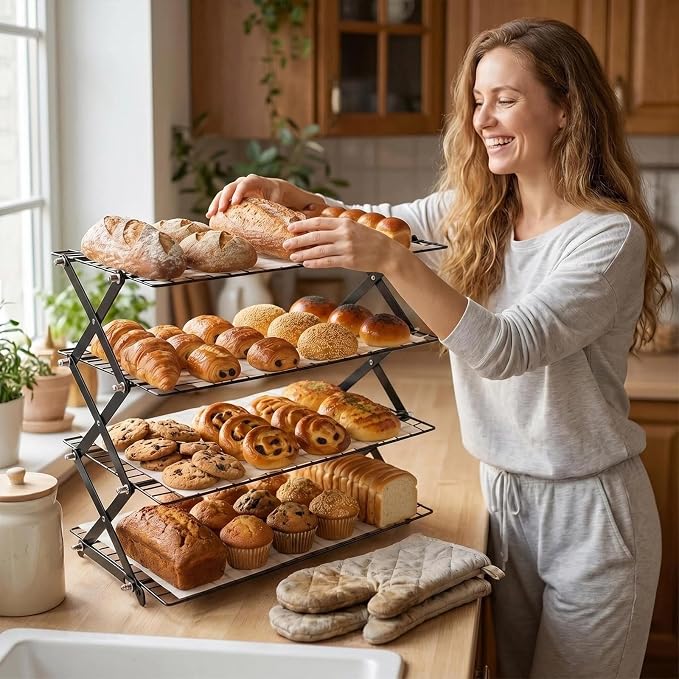 4 Tier Collapsible Cooling Rack, 3 Setting Design - Adjustable Stackable Cooling Racks for Cooking and Baking, Non-Stick Wire Rack with 20pcs Parchment Paper for Baking Cookies, Cakes, Bread, Pizza
