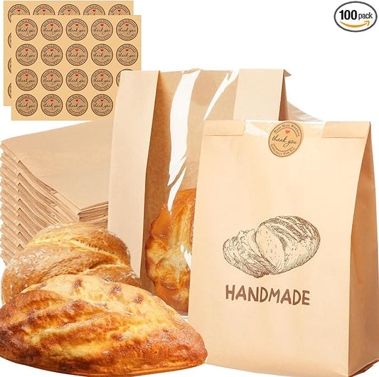 Feifeiya 100 Pack Kraft Paper Bread Bags for Homemade Sourdough Bread with Window & Stickers, 13.7x8.3" Large Bakery Bags for Loaves Greaseproof Food Packaging for Baking Gifts, Brown(Novel Style)