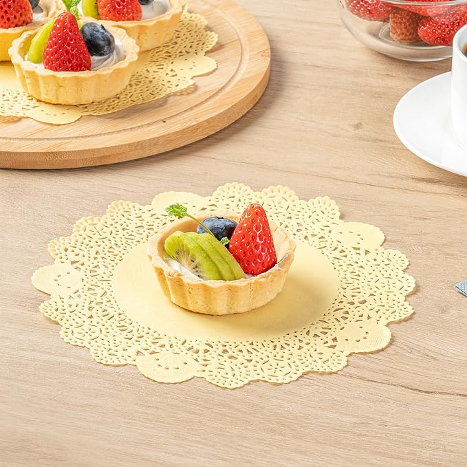 Pastry Tek 8 x 8 Inch Paper Lace Doilies, 100 Disposable Table Doilies - Elegant Lace Finish, Long Lasting, Yellow Paper Doily, for Pastries, Cupcakes, Desserts - Restaurantware