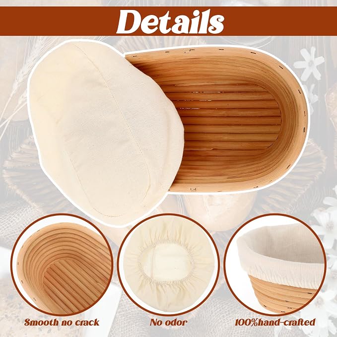 3 Pcs 10 Inch Oval Banneton Proofing Baskets, Rattan Sourdough Bread Baking Supplies with Cloth Liners for Home Bakers