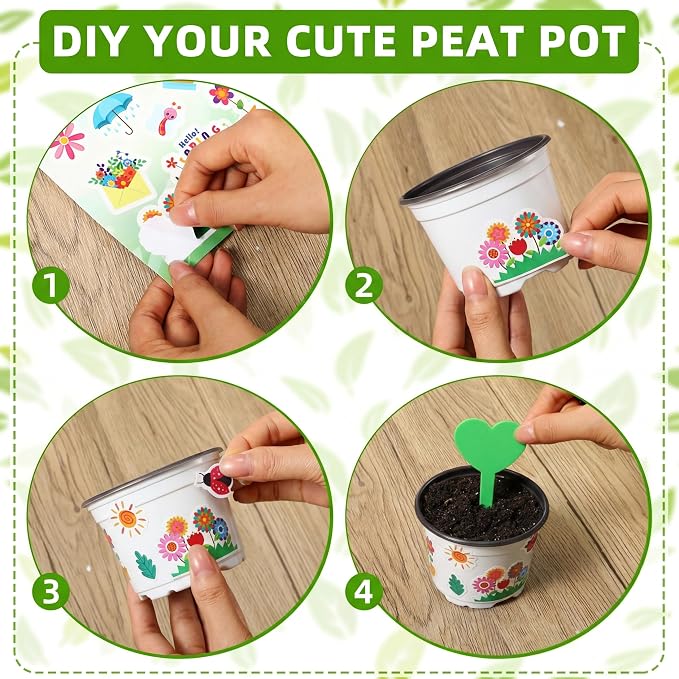 100 Sets Garden Pot Craft Kit, Flower Plant Spring Craft Including Plastic Nursery Plant Pots Labels Tags Stickers for DIY Flower Planting Growing Birthday Arts Kit (Simple)