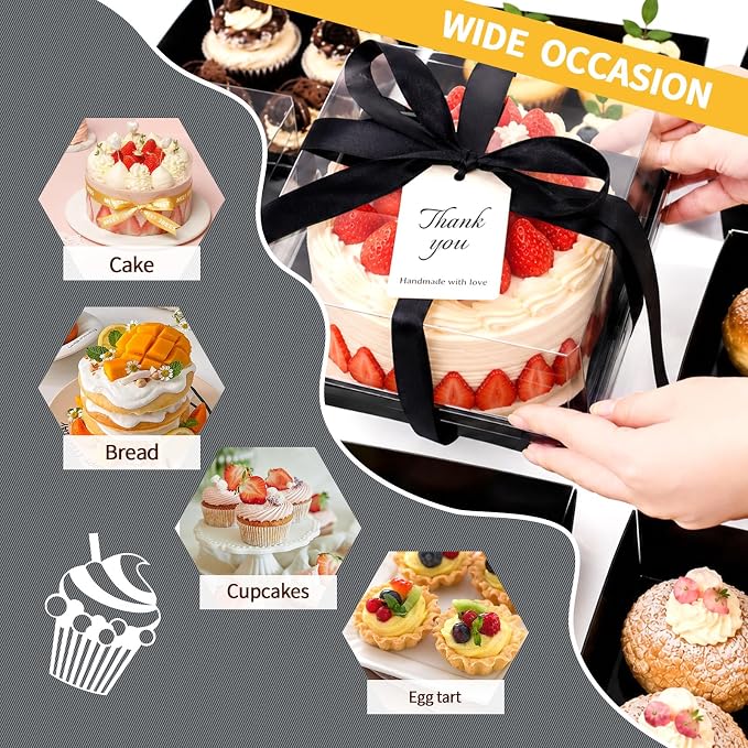 7 x 7 x 4 Inches Paper Cake Boxes with Clear Lids, 50 Pack Black Large Charcuterie Square Food Containers, Halloween Day Disposable Bakery Boxes for 4-6 Inch Bundt Cake, Pie, Dessert
