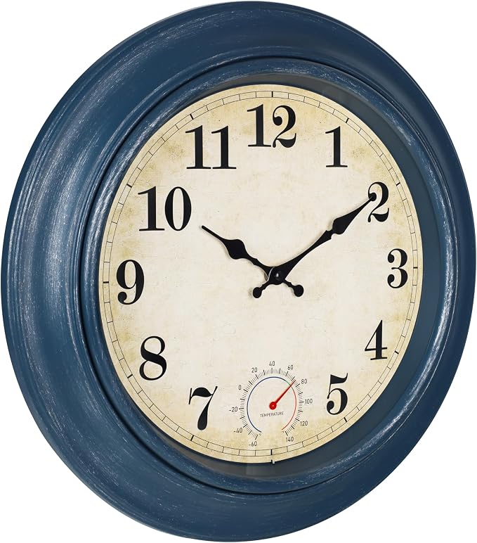 Large Outdoor Clocks Waterproof with Thermometer Combo Rustic Coastal Wall Clock Decor for Patio Pool Bathroom (18 Inch,Blue)