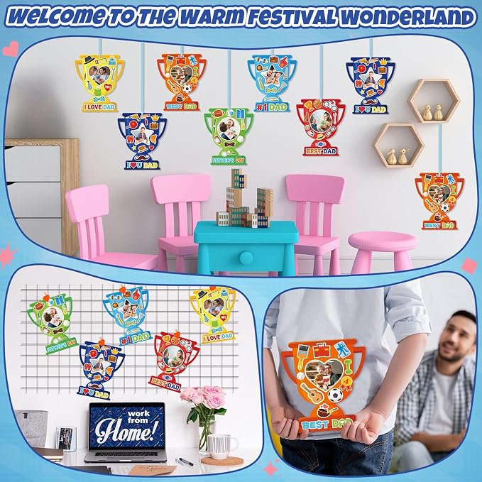 Dianelhall 24 Sets Father's Day Trophy Craft Kits I Love Dad DIY Photo Frame Best Dad Picture Frame Gift with Stickers for Happy Father's Day Decorations Classroom Holiday Party Activities(Trophy)