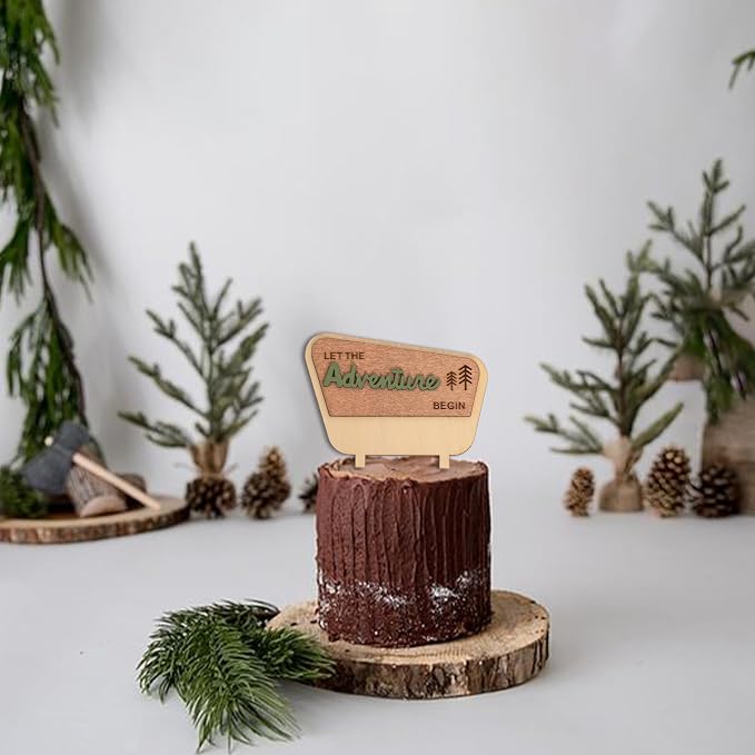 ZAIBIANHAO Let the Adventure Begin Wooden Cake Topper - Natural Adventure Themed Camping Decorations for Baby Shower,Happy Camper Decoration,Camping Birthday Party Supplies