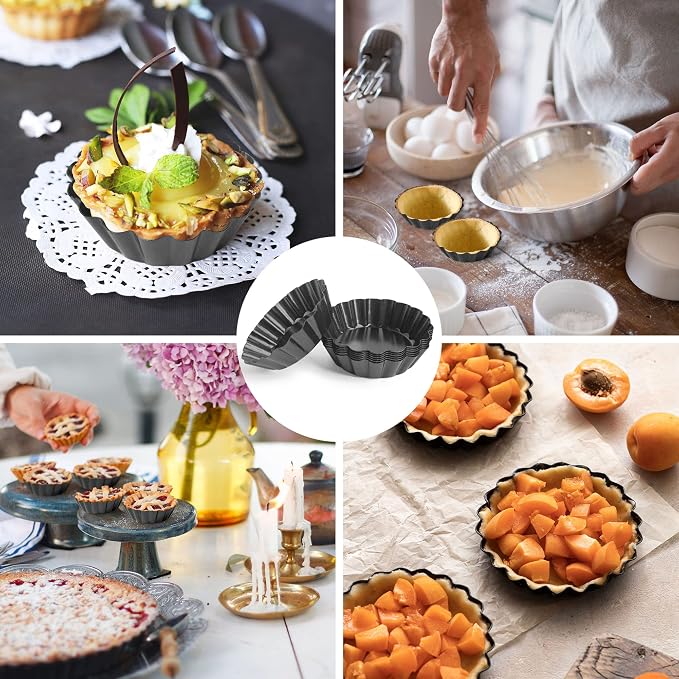 16 Pcs 4 Inch Tart Pans with Removable Bottom, Nonstick Mini Quiche Pan Fluted Sided, Round Tart Pans Carbon Steel for Baking, Fruit Tart, Pies (Dark Gray)