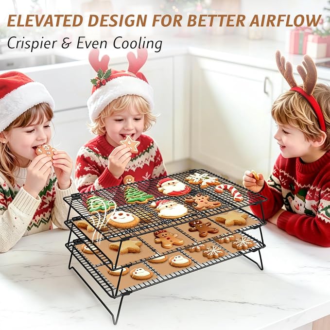 Stackable Cooling Racks 3-Tier 17x11in with 100 Parchment Papers | Heavy duty wire baking rack for cookies, cake, pizza & bacon. Collapsible for storage. Includes 4x4in non-stick sheets.