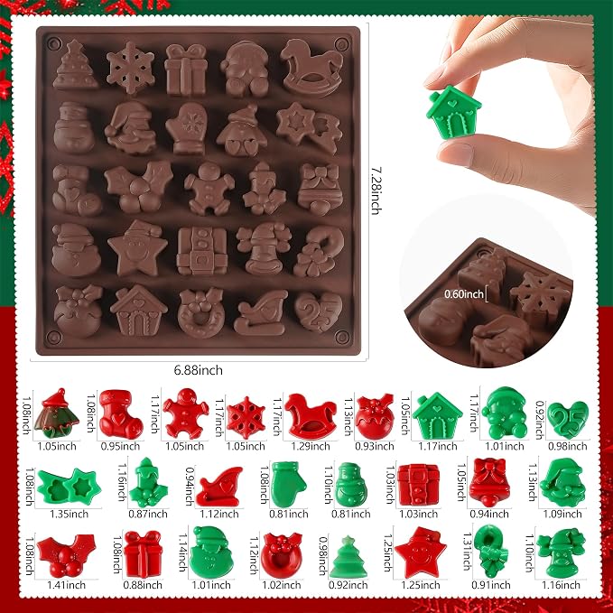 Christmas Chocolate Silicone Molds，2pcs Christmas Candy Molds 25-Design Ornament for Christmas Tree Gingerbread Man Santa Claus Gummy Cake Topper