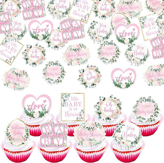 64 PCS Edible Baby Shower Cupcake Toppers Wafer Paper Floral Leaves Welcome Baby Girl Cupcake Picks Edible Love Baby in Bloom Cake Decorations for Gender Reveal Theme Girls Birthday Party Supplies
