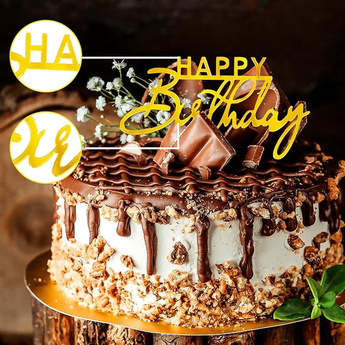 6Pcs Gold Acrylic Cake Toppers - Happy Birthday Sign Picks & Decorations for Celebrating Birthday & Anniversary Parties