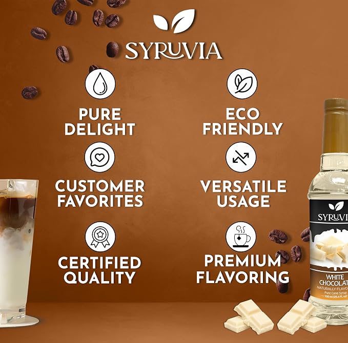 Syruvia Coffee Syrup, White Chocolate Flavored Syrup for Drinks, Lattes, and Desserts – 25.4 fl oz - with Pump