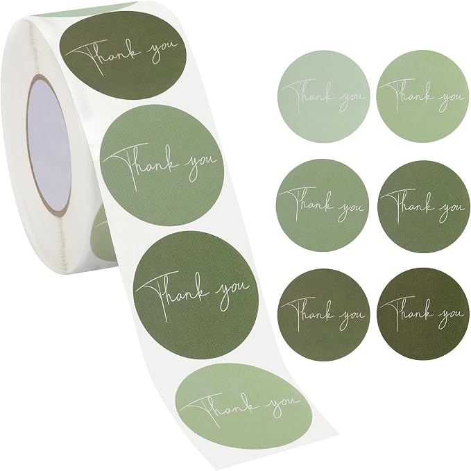 1000Pcs Thank You Stickers Label Roll 6 Colors Small Business Sticker Seal Sticker for Packaging Paper Decal Decor Box Gift Sealing Label Stickers for Bottle Canning Wraps (Sage Green)
