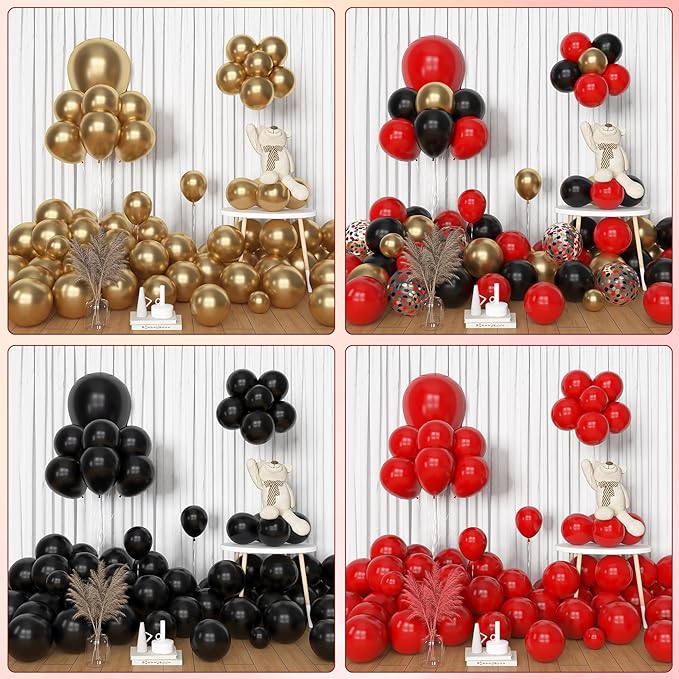 Amandir 153pcs Red Black Gold Balloon Garland Arch Kit, Different Sizes 18 12 10 5 inch Red Black Gold Latex Metallic Confetti Gold Balloons for Graduation Casino Theme Birthday Party Decoration