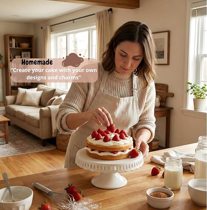 Ceramic Cake Stand, 12inch cake decoration supplies, Cake Pedestal Stand with 6 Ribbons, Cake Stands for Party or Birthday, White Cake Platter - Cake Display Stand for Wedding Reception, Pie Stand
