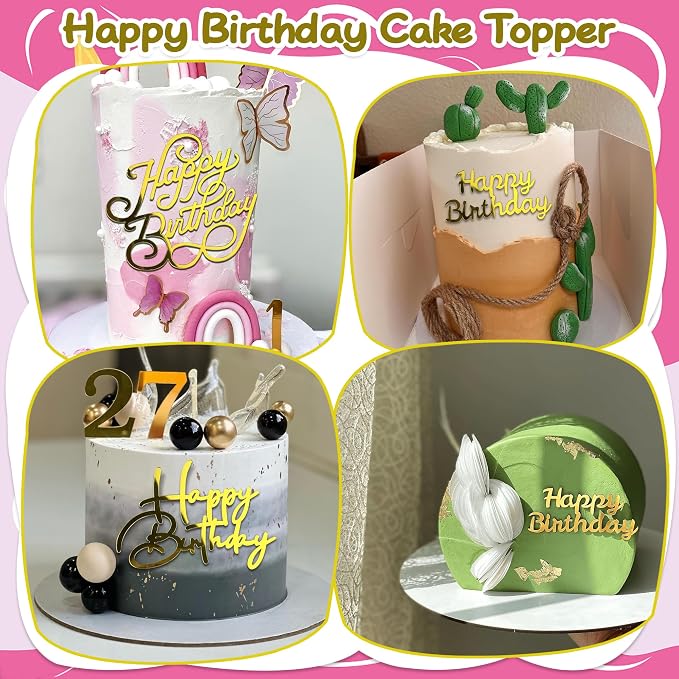 40 PCS Gold Happy Birthday Cake Toppers Mirror Acrylic Toppers with 10 Styles or Birthday Party Cake Desserts Pastries