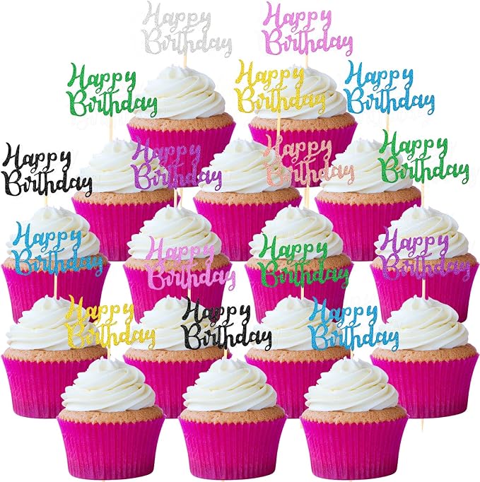 Boao 64 Pieces Happy Birthday Cupcake Toppers Glitter Cake Topper Picks Dessert Topper Decoration for Birthday Party Anniversary Celebration, 8 Colors