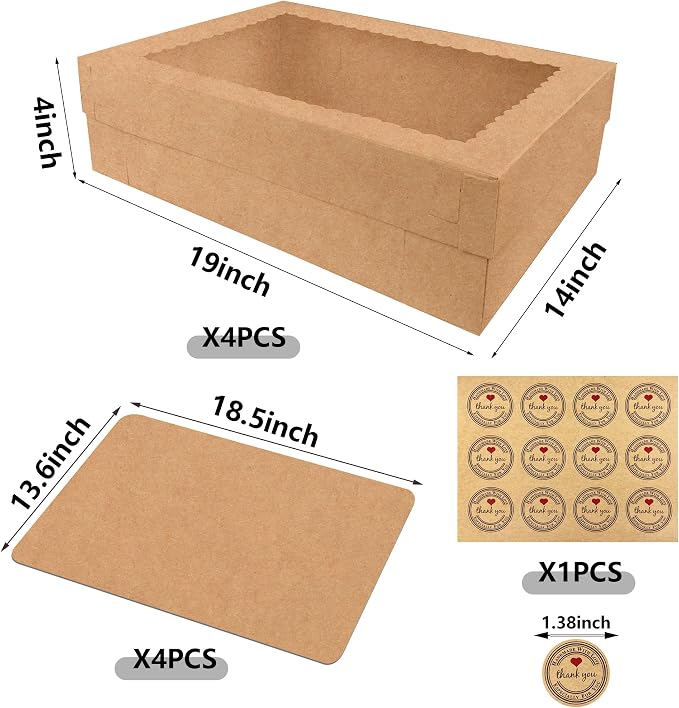 4PCS Kraft Large Cake Box 19x14x4 Inch Rectangular Cake Box with Cake Boards Bakery Boxes for Donuts Cookies Cupcakes Pastry Dessert Packaging Ideal for Weddings Birthdays Baby Showers Parties