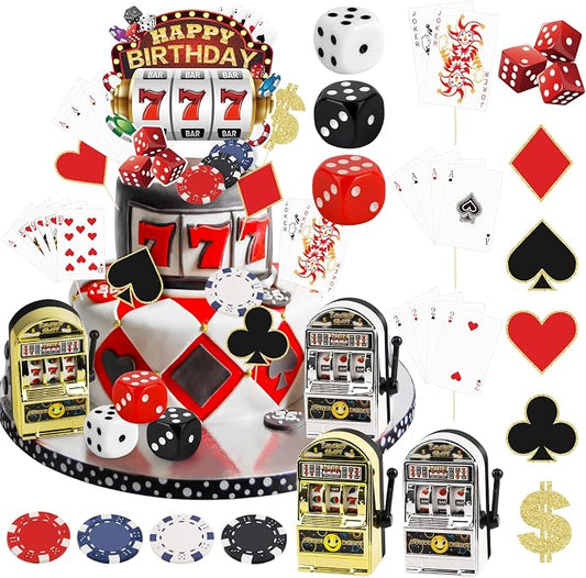 24 Pieces Casino Cake Topper Set with Mini Toy Slot Machine Poker Casino Cupcake Toppers for Casino Game Night Birthday Party Decorations Supplies