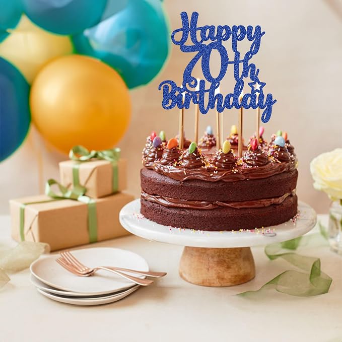 Gyufise 1Pc Happy 70th Birthday Cake Topper Glitter 70 & Fabulous Cheers to 70 Years 70th Birthday Cake Pick for Celebrating 70th Birthday Anniversary Party Cake Decorations Supplies Blue