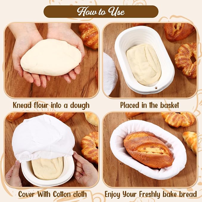 Baderke 4 Pack Banneton Bread Proofing Basket Set 10 Inch Wood Pulp Sourdough Proofing Basket Non Stick Sourdough Banneton Bowl and Liners for Bread Baking Supplies(White,Oval)