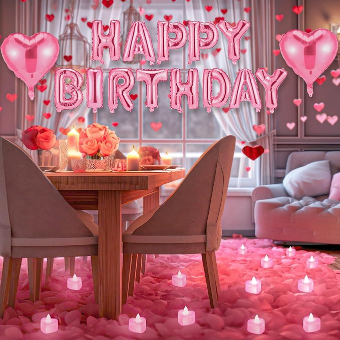 Pink Happy Birthday Balloons Decorations Happy Birthday Letter Balloons Banner Set with 24pcs Heart Flameless LED Candles and 2000pcs Artificial Rose Petals for Women Men Room Party Decor