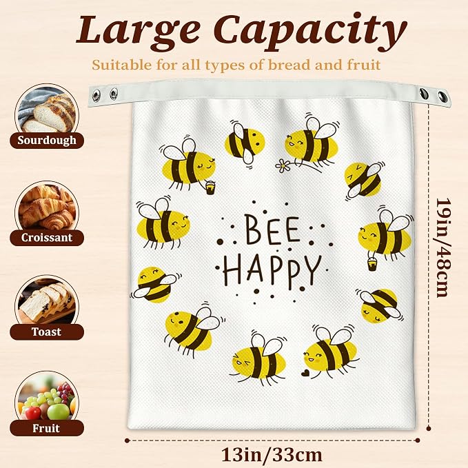 Beeswax Bread Bags, 2 Pack for Homemade Bread and Sourdough Storage | Bee Happy, Reusable Polyester Bread Storage With Beeswax Coating And Snap Closures