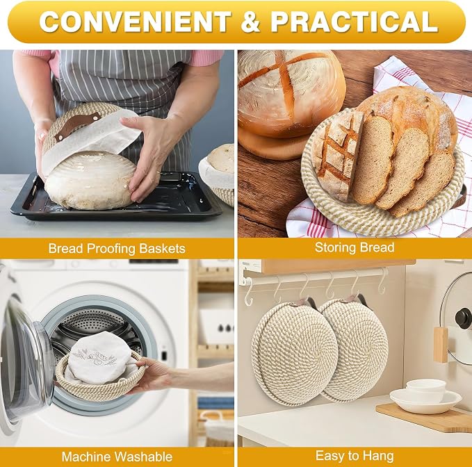 Nikkar Banneton Bread Proofing Basket Set of 2, 9 Inch & 10 Inch | Round Cotton Rope Sourdough Bread Baking Supplies Proofing Bowls with Liners & Covers Gifts for Bakers Women Wife Mom