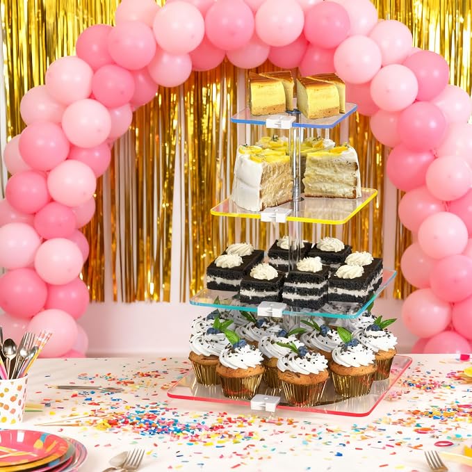 4-Tier Rotating Cupcake Stand with LED Lights - 360° Spinning Display Tower for Desserts, Cakes & Pastries - Rechargeable 7-Color Changing Serving Tray for Weddings, Parties & Festive Gatherings (Clear Acrylic)