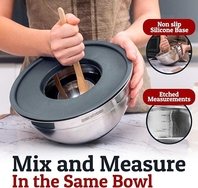 Priority Chef 6Pc Stainless Steel Mixing Bowls with Lids Set, Huge 7 Qrt Size Metal Bowl Set for Kitchen, 3 Graters, Non-Slip Bases & Silicone Utensils Set, Grey