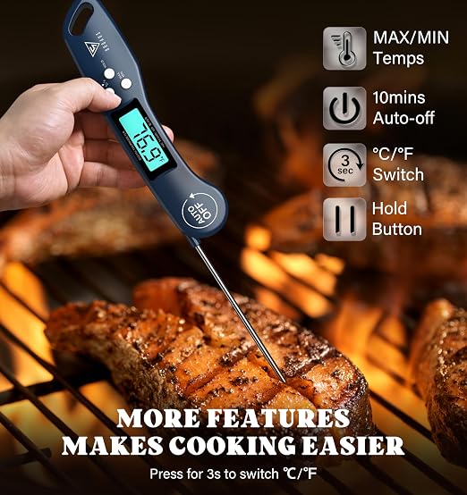 DOQAUS Digital Meat Thermometer, Instant Read Food Thermometer for Cooking with Backlit & Auto-Rotating Display, 4.6” Probe for Grilling, Baking, and Perfect BBQ - Blue