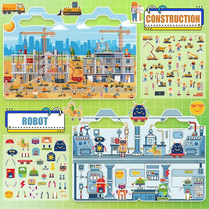 6 Pack Reusable Puffy Sticker Books, 250Pcs Kids Activity Stickers Ages 3+, Travel Sticker Book Dinosaur/Space/Traffic/Robot/Harbor/Construction for Boys Girls