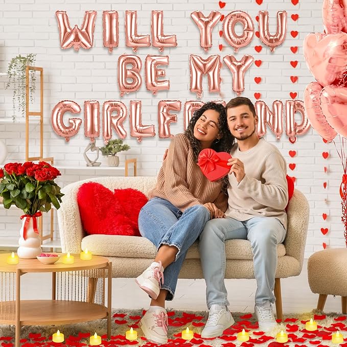 HyDren 18" Will You Be My Girlfriend Balloons Letters Kit Include Heart Shaped Balloons and LED Tealight Candles with Rose Petals Romantic Girlfriend Proposal Kit Valentines Day Decorations(Rose Gold)