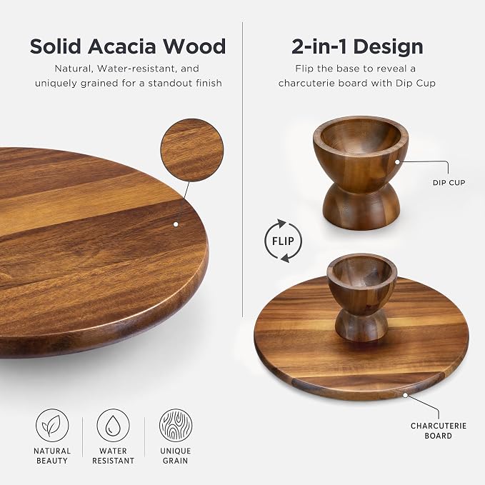 HBlife 3 PCS Acacia Wood Cake Stand Set (8"/10"/12" Plate), 2-in-1 Cake Holder and Charcuterie Board with Built-in Dip Bowl, Dessert Table Display Set, Decorative Tray for Home Decor