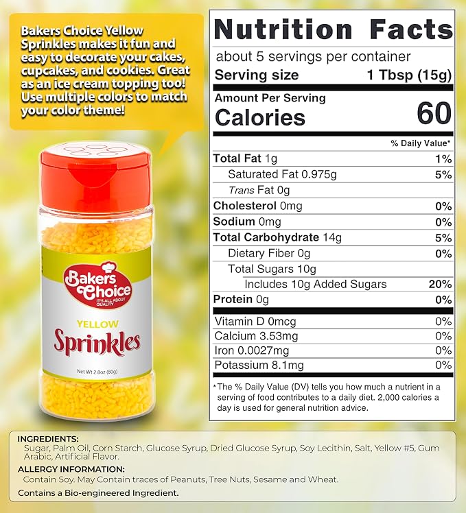 Bakers Choice Yellow Sprinkles for Baking - Jimmies Sprinkles for Ice Cream Toppings - Dairy Free, Kosher 2.8 oz.