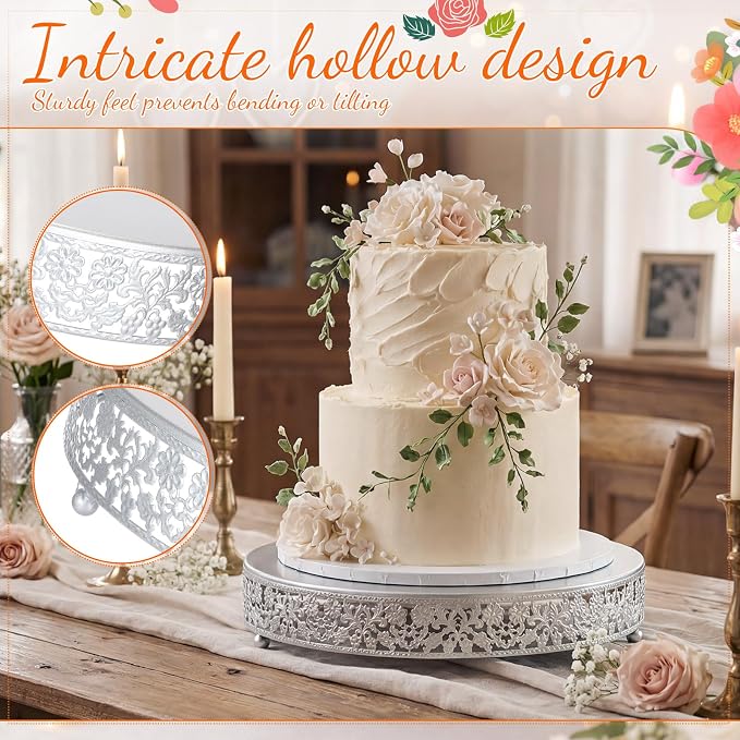 Wenqik 2 Pack Cake Stand Set, 14/16 Inch Metal Round Cupcake Dessert Stand Decorative Elegant Cake Display for Weddings Party Birthday Baby Showers Anniversary(Classic Floral,Silver)