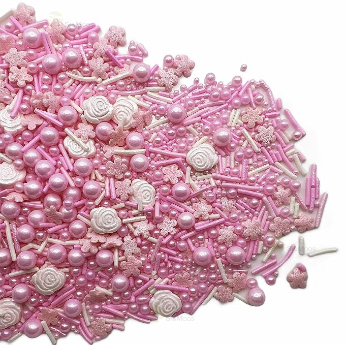 SE Si&Moos Pink Sprinkles for Cake Decorating Edible Pink Rose for Cake Decorating Valentines Sprinkles Pink Pearl Sprinkles for Cake Decorations, Baking, Ice Cream, Cookies, Cupcake Toppers Party Baby Shower Holiday Supplies 3 OZ