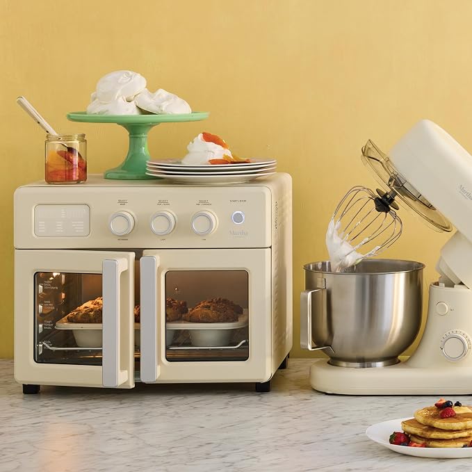 Martha Stewart French Door Air Fryer Toaster Oven Combo, 34QT Countertop Convection, 12-in-1, Bake, Broil, Roast, Fits 12” Pizza, Dehydrate, 5 Accessories, Air Fry Basket, Stainless Steel, Linen Cream