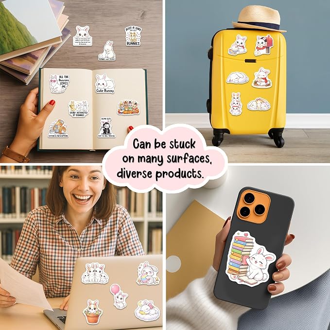 Bunny Stickers 50PCS – Waterproof Vinyl Rabbit Decals for Water Bottles, Laptops, Journaling – Non-Repeating Decals, High-Definition Print Gift for Womens