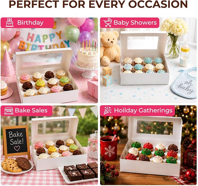 LotFancy 12 Count Cupcake Boxes, 8 Pack, White, 13x10x3.5 Inches | Auto-Pop up, with Window and Inserts, Food Grade, Cupcake Containers Carriers, for Birthday Holiday Party