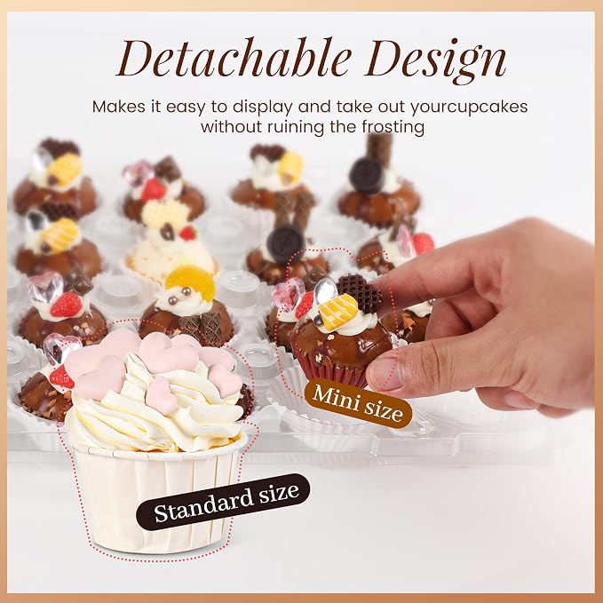 Mini 24 Count Cupcake Containers 20 Pack with 480 Pack Cupcakes Liners, Plastic Cupcake Holder, Stackable Mini Cupcake Boxes Carrier, Clear Disposable Cupcake Trays, High Dome
