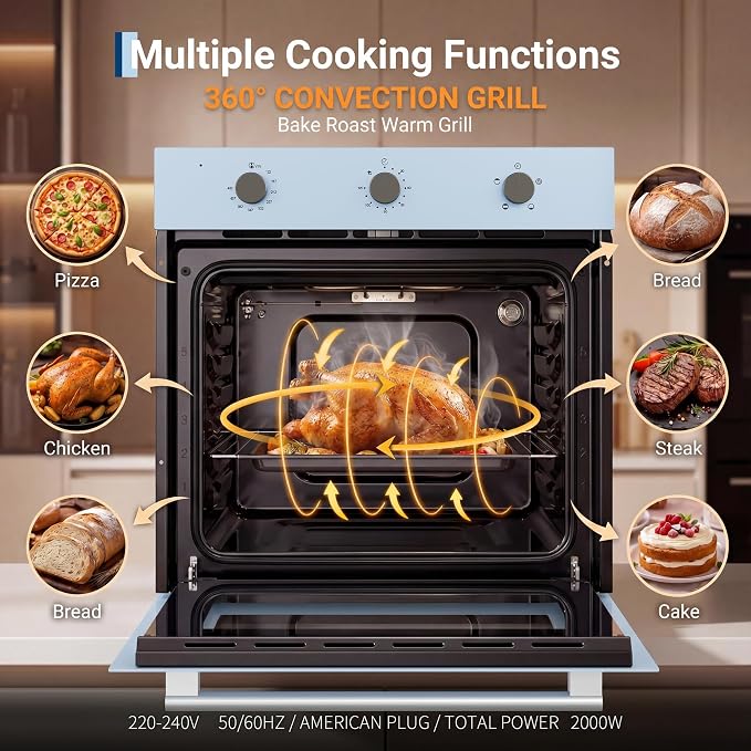 Garvee 24 Inch Single Wall Oven, 2.5 Cu.ft. Built-in Electric Oven with 4 Cooking Functions, 3000W Power, Mechanical Knob Control, Low-e Glass Door, Cooling Fan, Easy Clean Enamel Interior, White